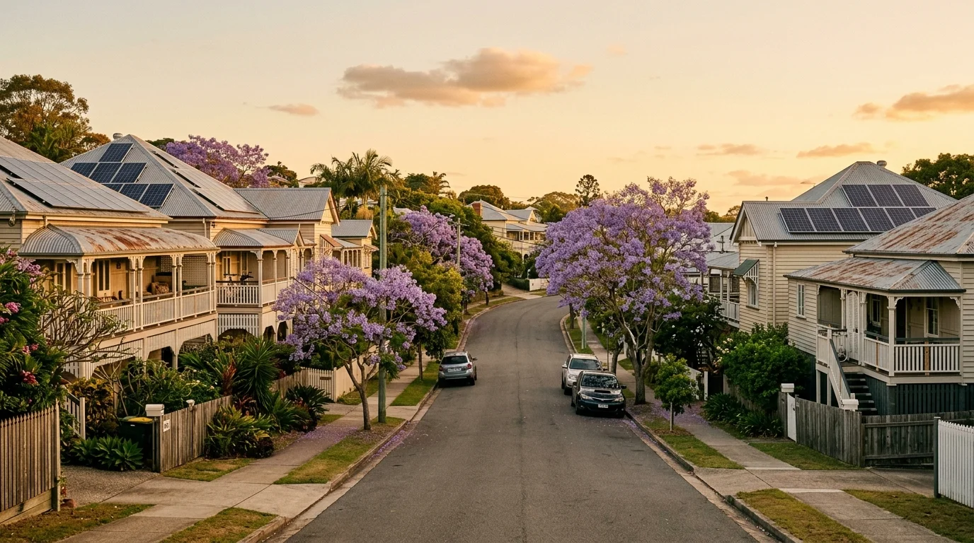 A leafy Brisbane Inner West Auchenflower street at golden hour with Queenslander homes and solar panels on the rooftops
