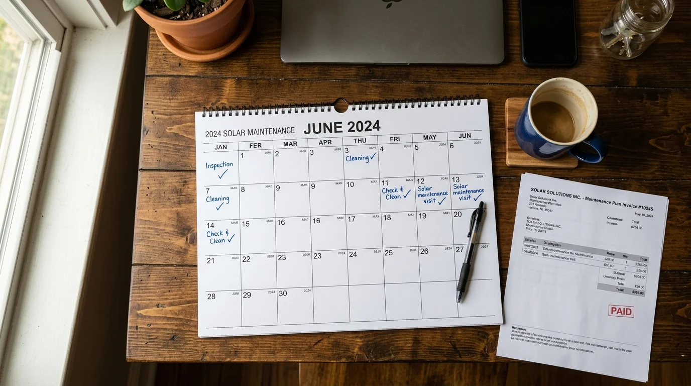 Open paper calendar on a wooden desk with solar maintenance dates ticked off across the year