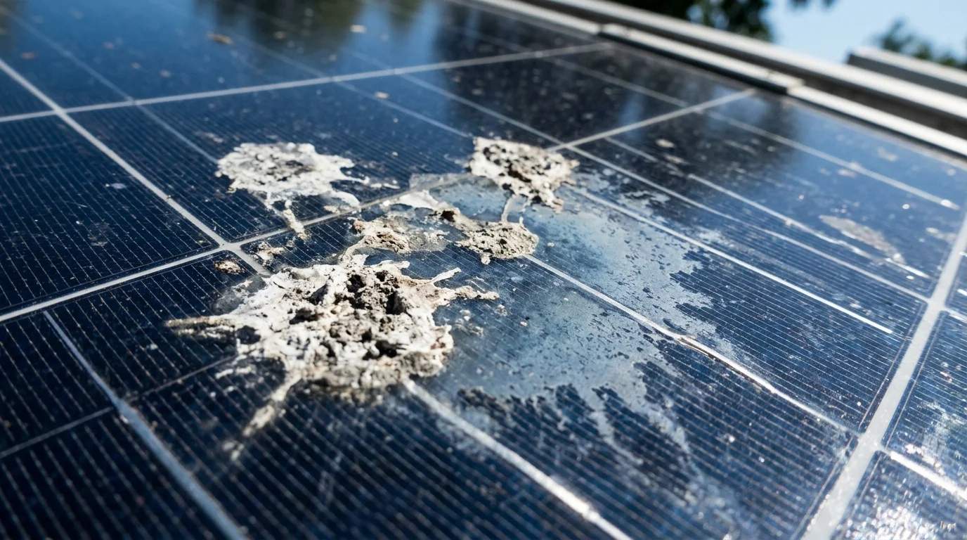 Macro close-up of bird droppings staining a solar panel surface with visible coating damage