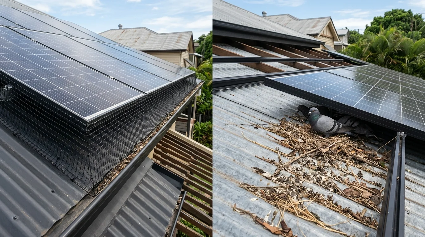 Solar array with bird mesh installed underneath the panels alongside a panel without mesh showing nesting debris