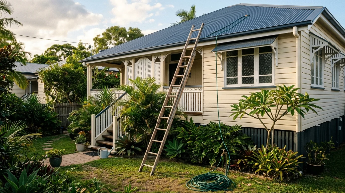 Extension ladder leaning against a Brisbane Queenslander house with a garden hose snaking up to the roof