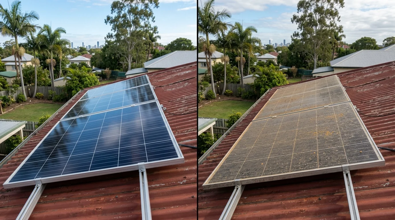 Side-by-side comparison of a clean and a dirty solar panel on a Brisbane Queenslander rooftop