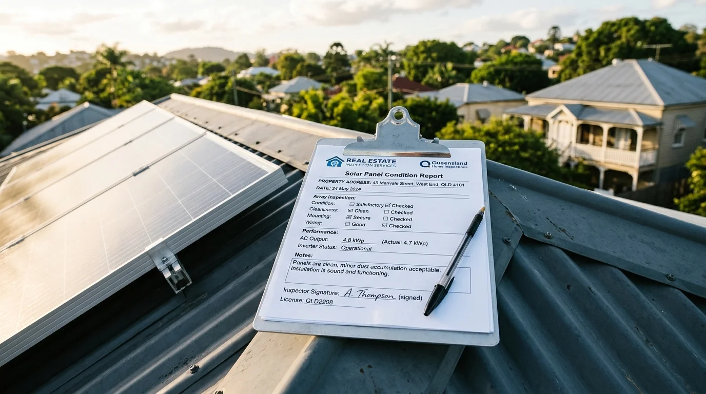 Real estate inspection clipboard with a solar panel condition report on a Brisbane Queenslander roof