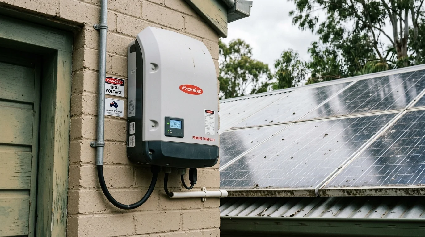 Residential solar inverter LED display showing reduced power output with dirty panels reflected nearby
