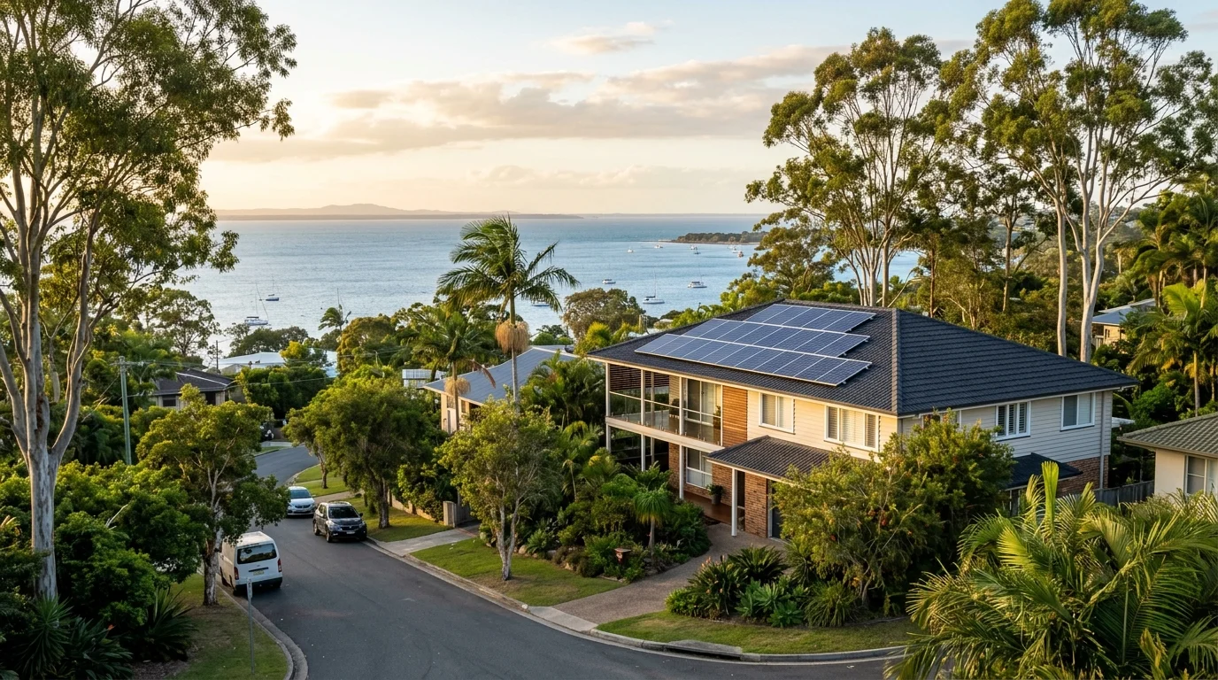 Brisbane bayside suburban home with solar panels and distant ocean view through eucalyptus trees