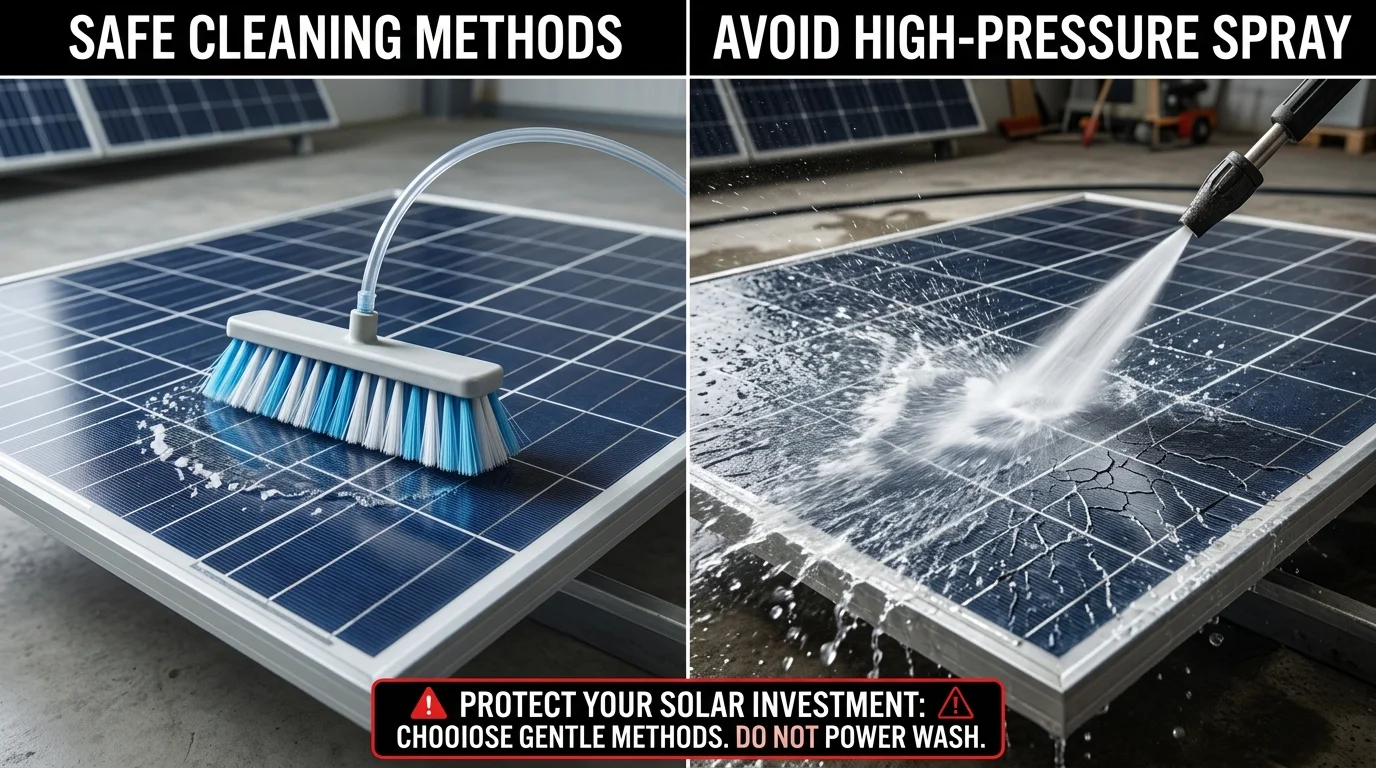 Soft brush gently cleaning a solar panel beside a pressure jet causing micro-cracks in the coating