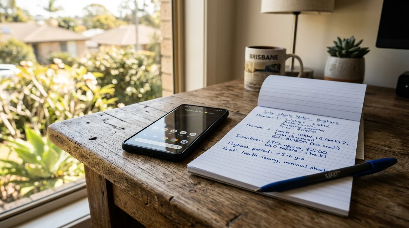 Smartphone resting on a wooden desk beside a notepad with handwritten solar quote notes, warm natural light