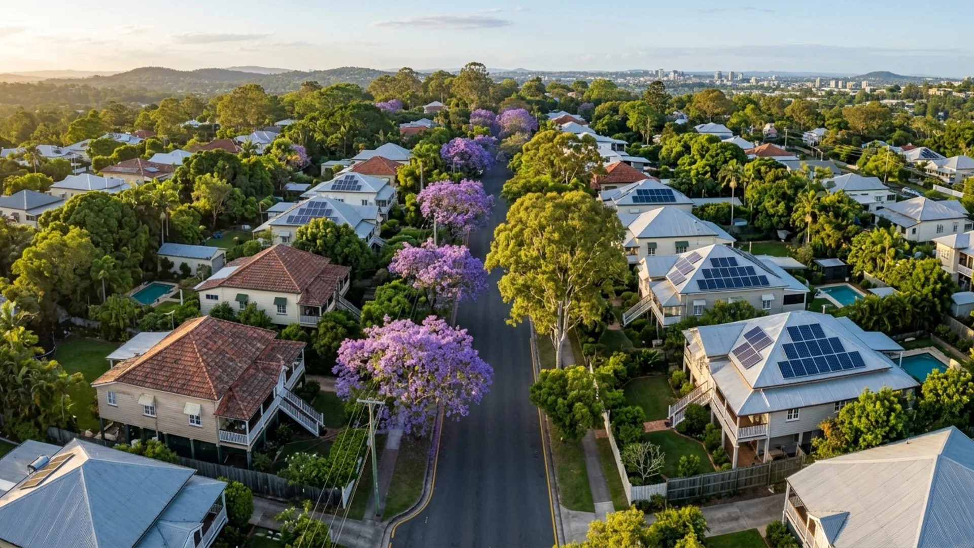 Aerial view of an Inner West Brisbane suburban street with Queenslander homes, jacaranda trees in bloom and solar panels on multiple roofs