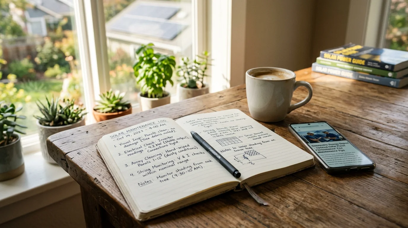 Open notebook with handwritten solar maintenance notes on a wooden table beside a coffee mug and smartphone, warm morning light