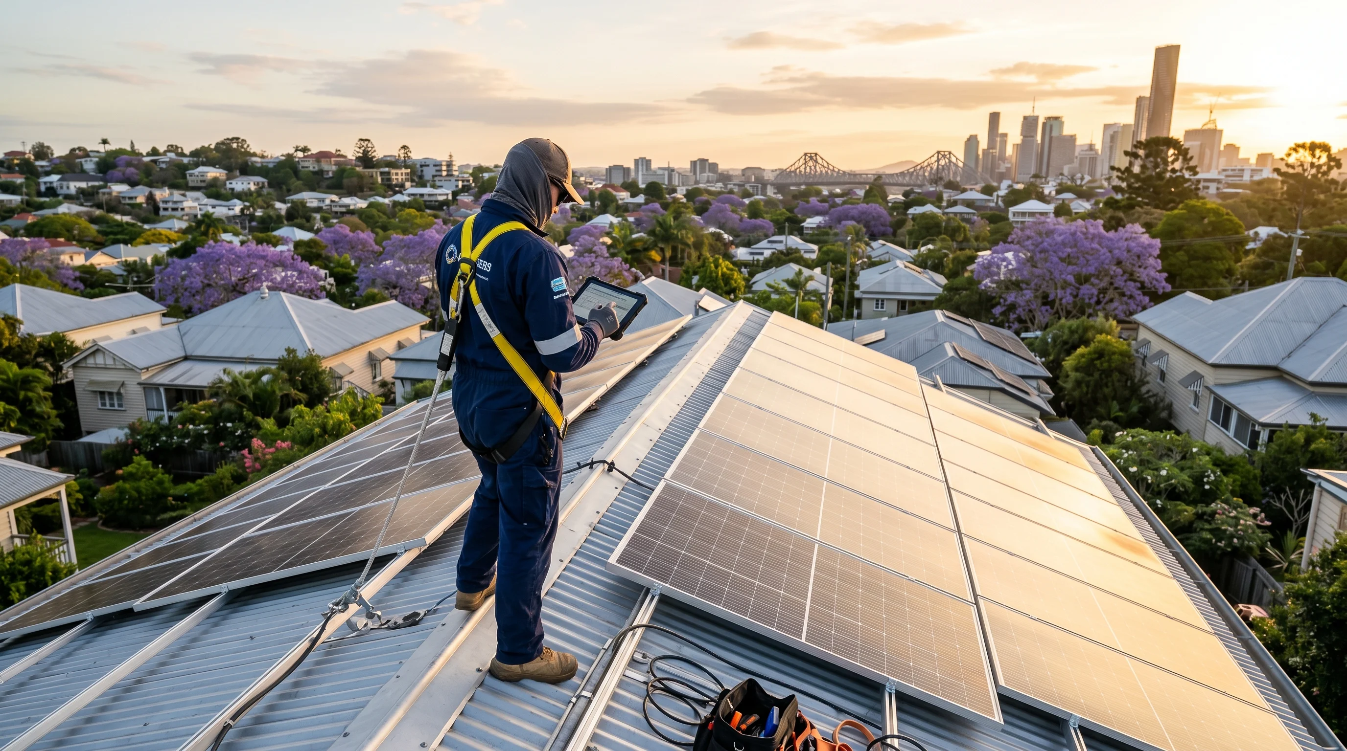 Solar maintenance technician on a Brisbane Queenslander rooftop performing a scheduled inspection at golden hour