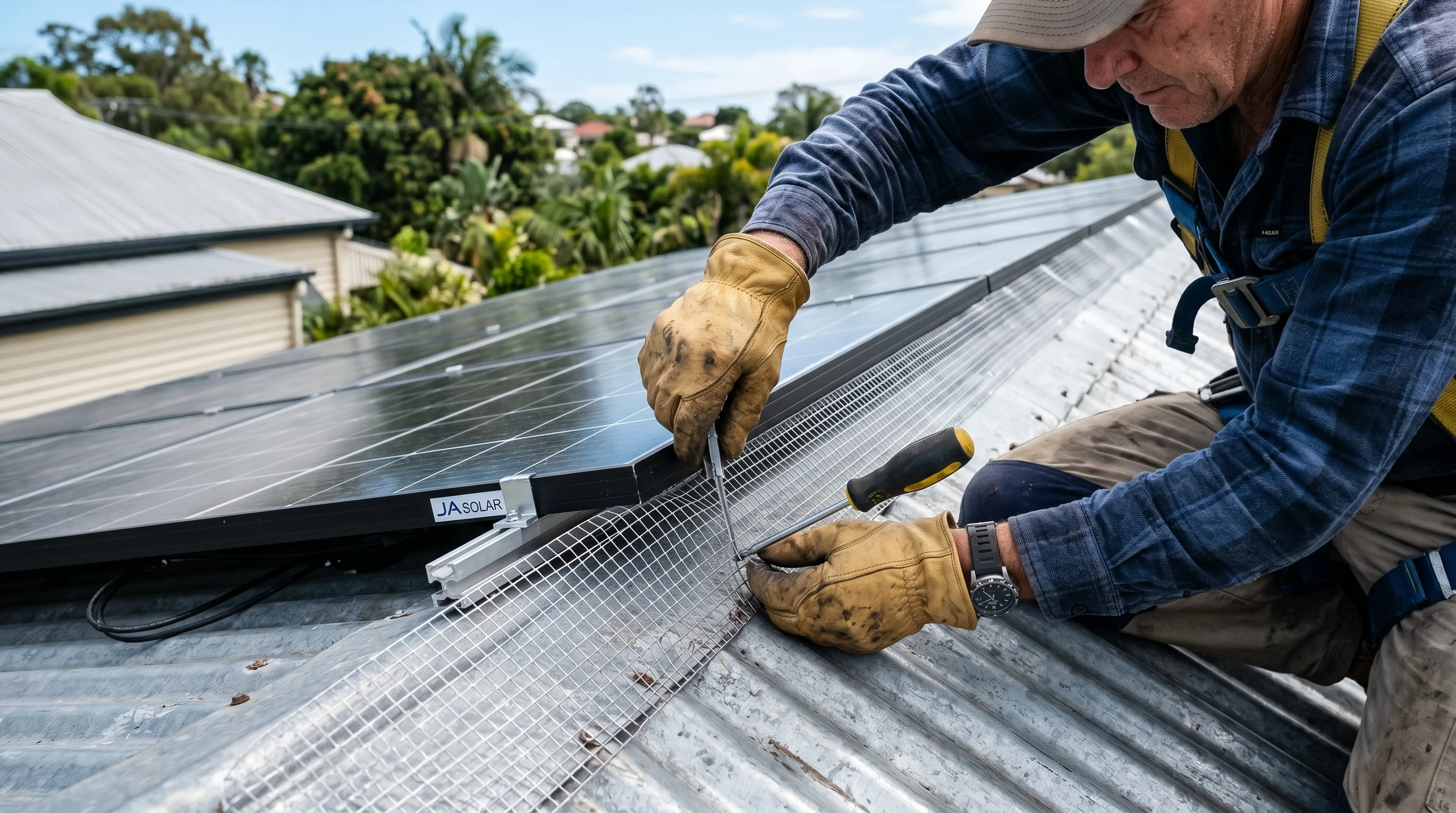 Detail of a tradesman installing fine wire mesh around the underside of a residential solar panel array on a Queenslander roof