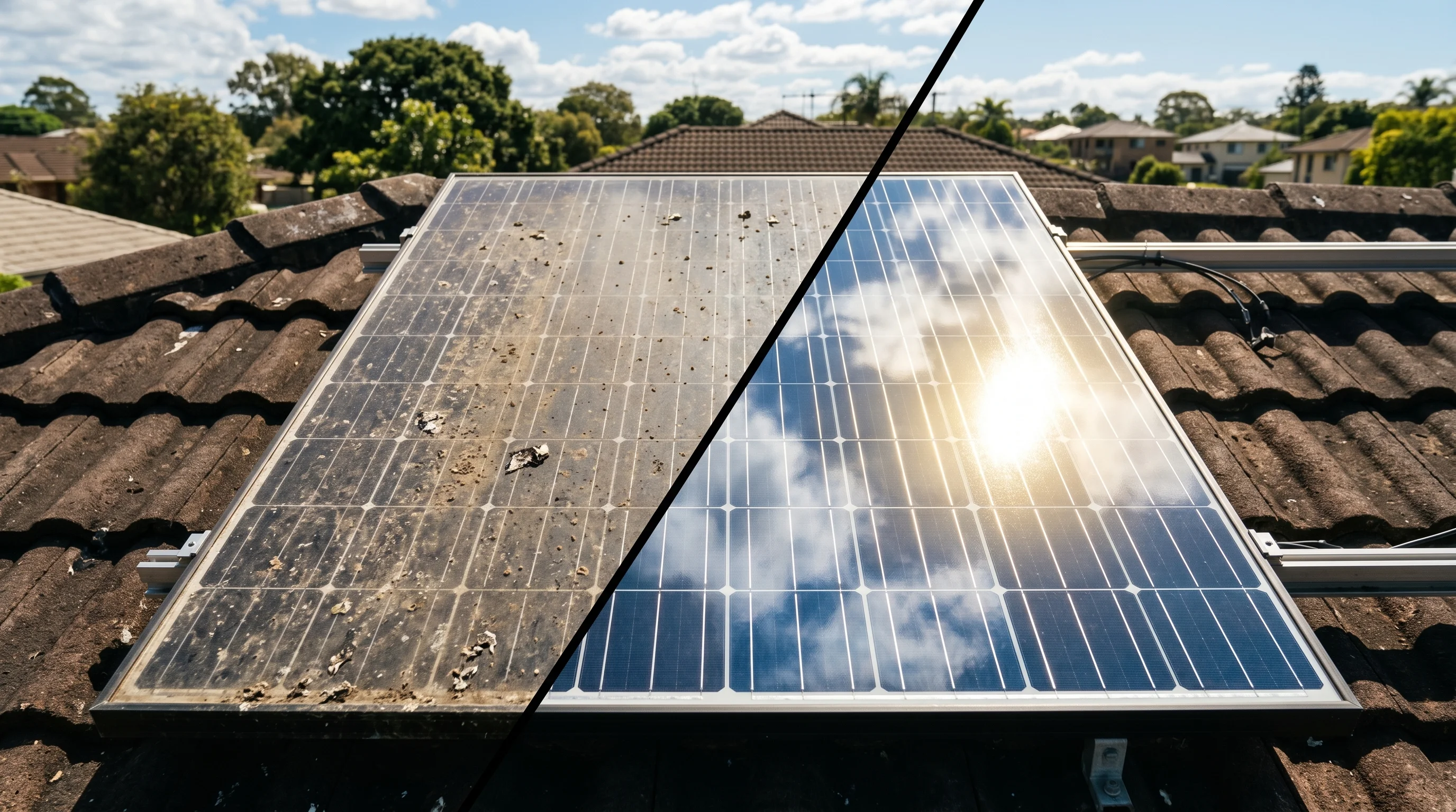 Dramatic before-and-after split of a single solar panel: half heavily soiled, half sparkling clean reflecting blue sky