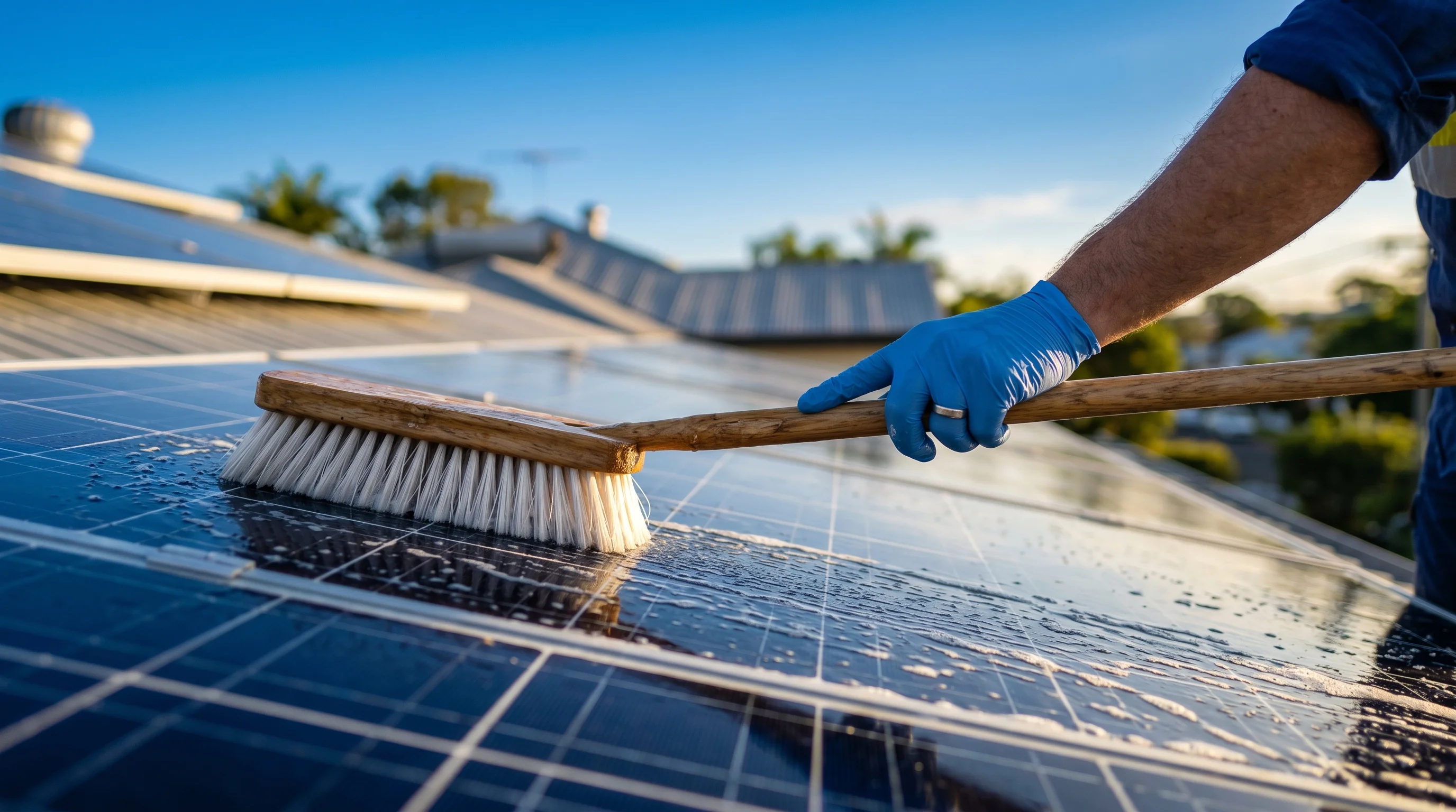 Technician hands holding a soft-bristle brush against a clean solar panel on a Brisbane Queenslander roof, golden afternoon light