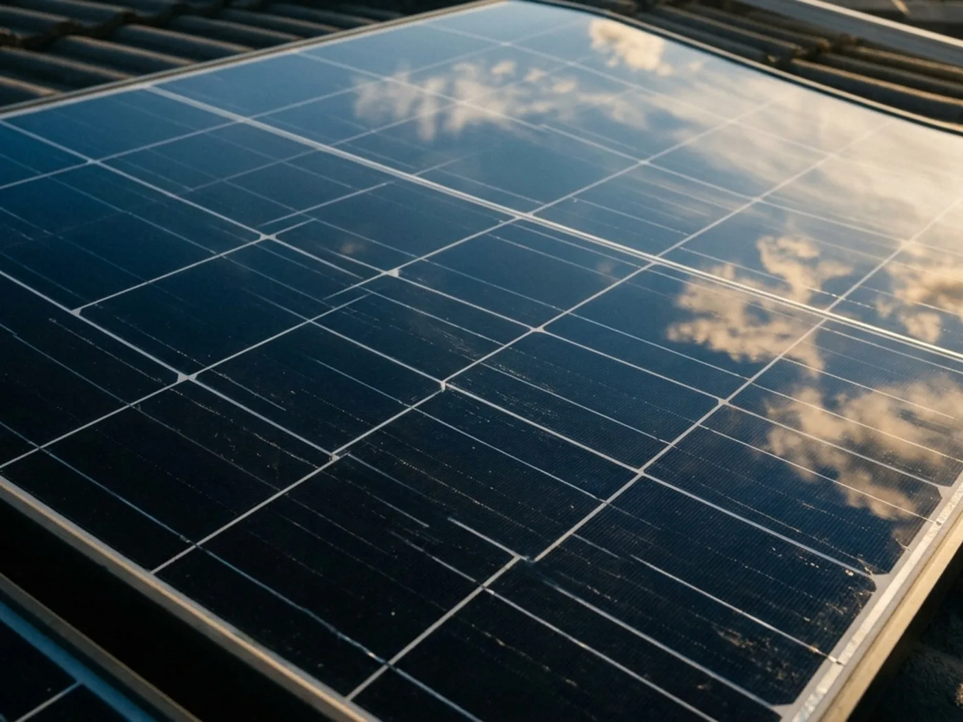 Close-up of a freshly cleaned solar panel reflecting Queensland sky and clouds, photovoltaic cell grid visible